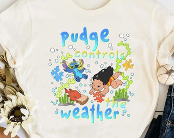 Koszulka Pudge Controls The Weather, Koszulka Lilo Stitch z akwarelową kreskówką, Zabawny cytat Disneya z głębokim cięciem, Wakacje w kurorcie Aulani, Letni rejs