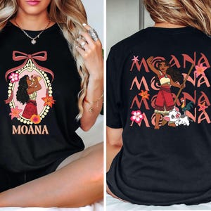Two Sided Moana Shirt, Mirror And Pink Bow, Large Back Print, Adventure Awaits Tee, Disneyland Trip, Disney Princess Gift, Family Vacation image 2