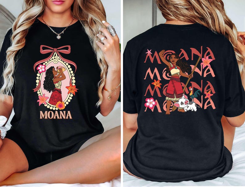 Two Sided Moana Shirt, Mirror And Pink Bow, Large Back Print, Adventure Awaits Tee, Disneyland Trip, Disney Princess Gift, Family Vacation image 2