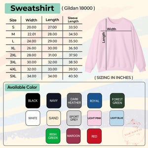Puede incluir: Una sudadera Gildan 18000 rosa claro con una tabla de tallas y opciones de color. La tabla muestra las medidas en pulgadas para las tallas S a 5XL. Los colores disponibles incluyen negro, azul marino, gris oscuro, real, verde bosque, blanco, arena, gris deportivo, rosa claro, azul claro, verde irland&eacute;s, granate y rojo.