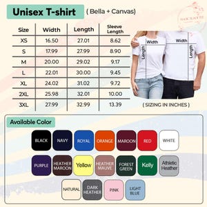 Puede incluir: Tabla de tallas de camisetas unisex en pulgadas, con medidas de ancho, largo y largo de manga. Colores disponibles: negro, azul marino, real, naranja, granate, rojo, blanco, morado, heather maroon, amarillo, heather mauve, verde bosque, kelly y athletic heather.