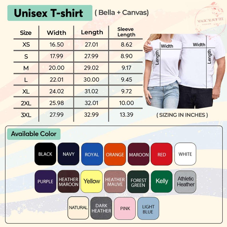 Puede incluir: Tabla de tallas de camisetas unisex en pulgadas, con medidas de ancho, largo y largo de manga. Colores disponibles: negro, azul marino, real, naranja, granate, rojo, blanco, morado, heather maroon, amarillo, heather mauve, verde bosque, kelly y athletic heather.