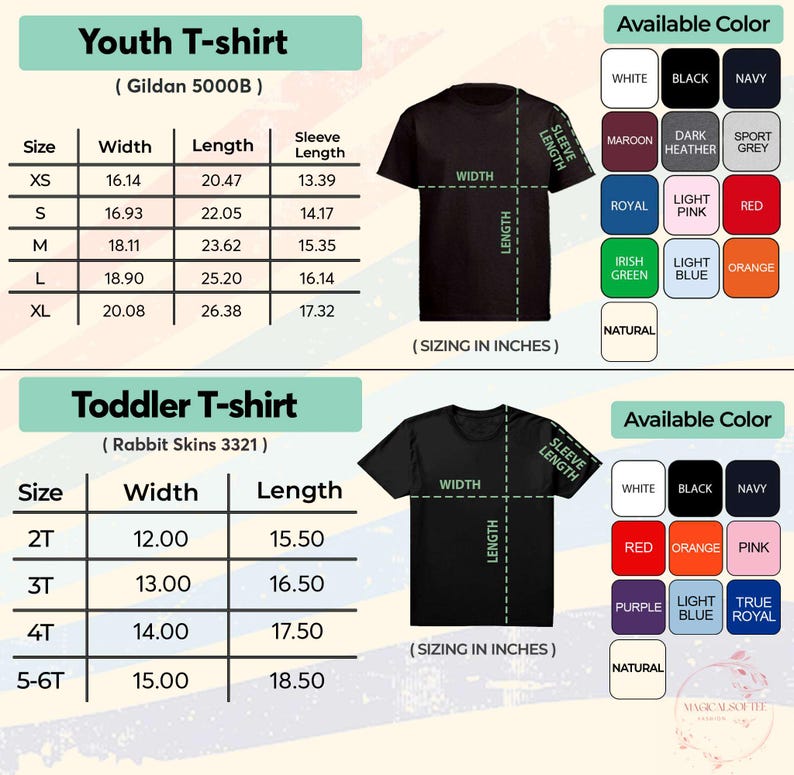 Puede incluir: Imagen del producto que muestra tablas de tallas para camisetas juveniles y para ni&ntilde;os peque&ntilde;os. La tabla juvenil incluye tallas XS a XL, con medidas en pulgadas. La tabla para ni&ntilde;os peque&ntilde;os enumera las tallas 2T a 5-6T, tambi&eacute;n en pulgadas. Se muestran opciones de color.