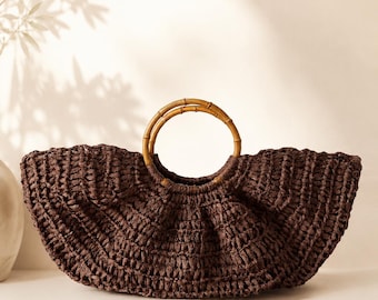 Bolso de playa de rafia con asas de bambú | Bolso de verano tejido a mano | Bolso de paja estilo boho | Bolso tote de verano