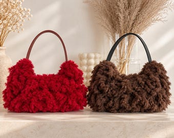 Fluffy Crochet Bag | Handmade Shoulder Bag | Fluffy Crochet Bag | Handmade Shoulder Bag | Statement Bag | Red or Brown
