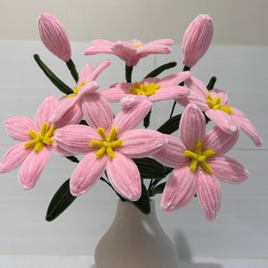 Op de afbeelding: Een boeket handgemaakte roze bloemen met gele harten en donkergroene stelen in een eenvoudige witte vaas. De bloemen zijn gemaakt van getextureerde pijpenragers, met meerdere open bloesems en twee gesloten knoppen op dunne groene stelen.