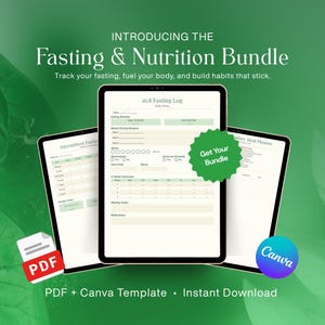 Puede incluir: Un paquete digital Fasting & Nutrition Bundle mostrado en tres pantallas de tableta sobre un fondo verde. La pantalla central muestra un registro de ayuno 16:8 con campos para fecha, ventana de alimentación, comidas, agua y metas.