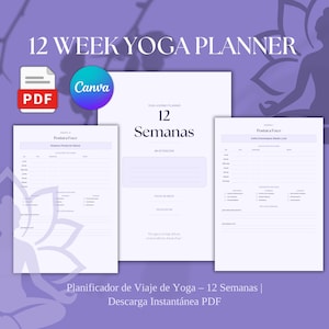 Puede incluir: Un planificador de yoga digital de 12 semanas en formato PDF, con tres páginas blancas que contienen texto en español, incluyendo '12 Semanas', 'Postura Foco' y 'Mi Intencion'. El diseño incluye secciones para la práctica diaria y metas sobre un fondo morado.