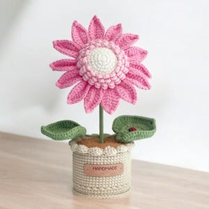 Handmade Crochet Pink Flower in Pot/ Knitted Amigurumi Flower Arrangement, Housewarming Gift,Unique Home and Desk Decor