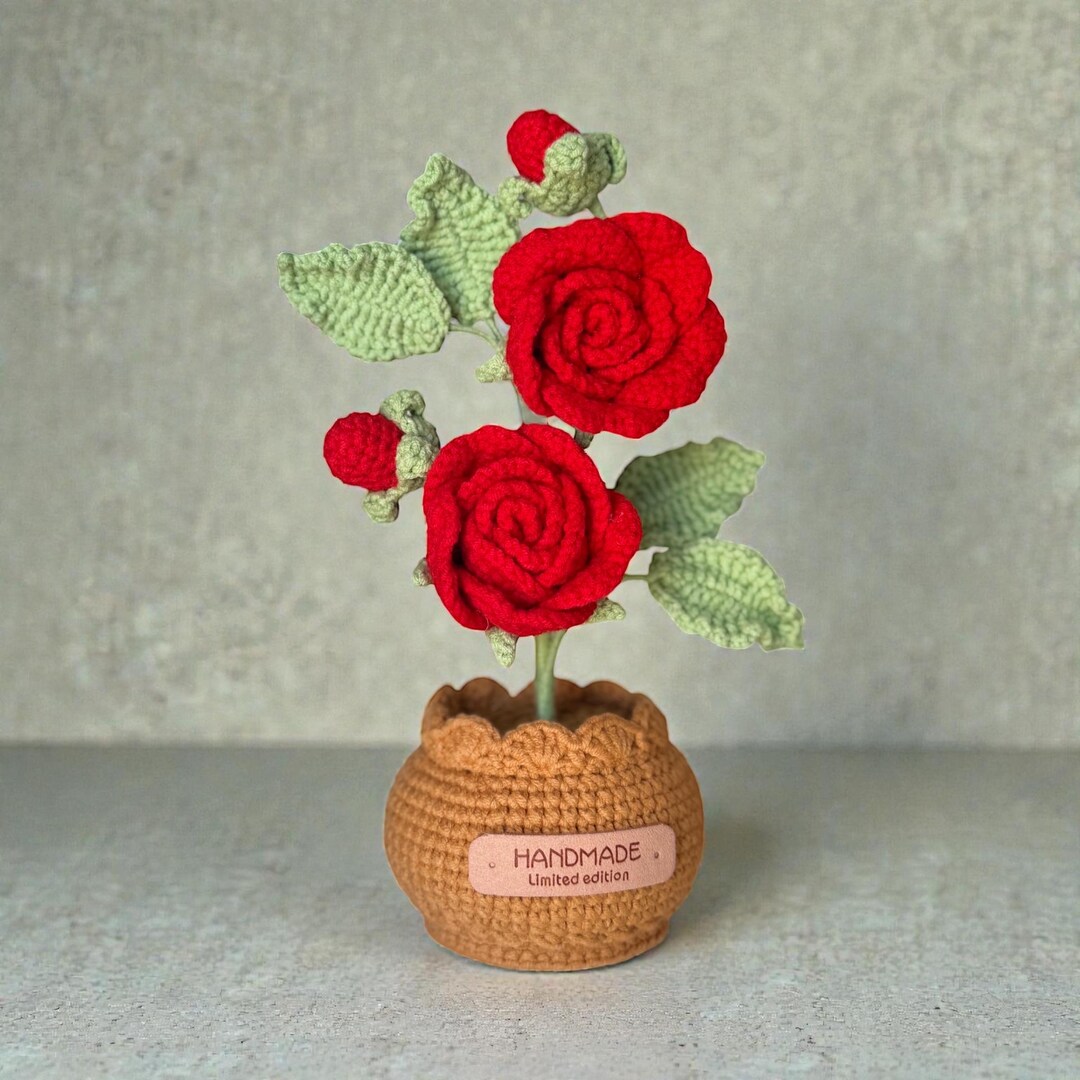 Handmade Crochet Red Rose Flower in Pot/ Knitted Amigurumi Flower ...
