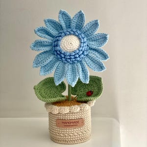 Handmade Crochet Blue Flower in Pot/ Knitted Amigurumi Flower Arrangement, Housewarming Gift,Unique Home and Desk Decor
