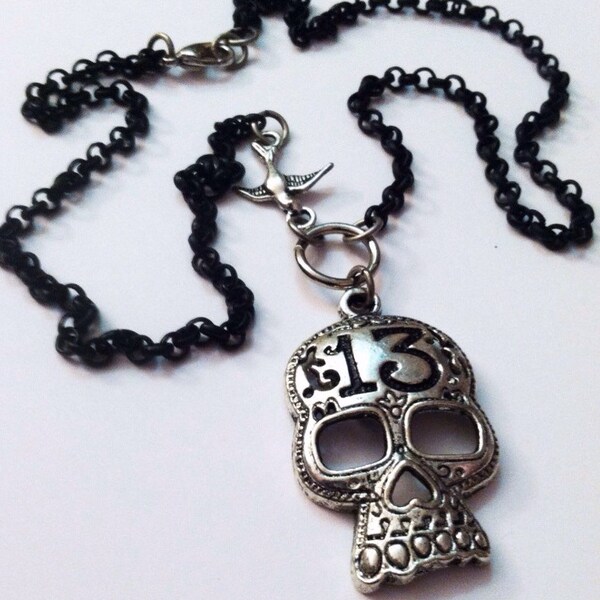 Silver Lucky 13 Sugar Skull Necklace with Matte Black Chain