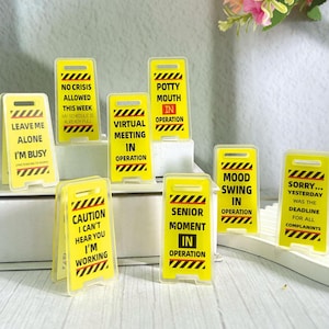 Funny Office Desk Signs "Leave Me Alone,Miniature Warning Sign,Yellow Plastic Notice,Joke Acrylic Warning Desk Signs, Office Joke Decor
