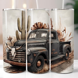 Western Truck Cactus Tumbler Wrap 20 oz Skinny Tumbler Sublimation Design Digital Download PNG, Cowboy Life Tumbler