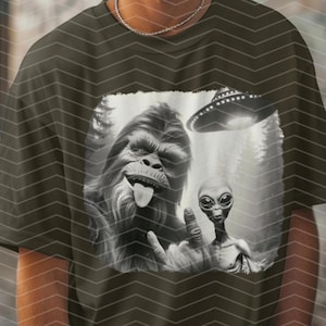 Bigfoot and Alien UFO Selfie PNG- Funny Alien Digital Design - Rock On Sasquatch Sublimation Graphic