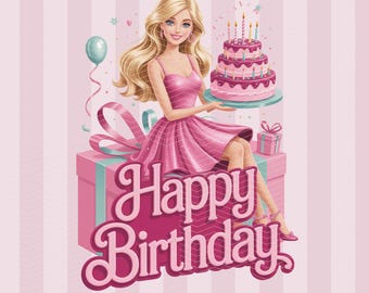 May include: Illustration of a woman in a pink dress sitting on a gift box with a large "Happy Birthday" text. She holds a three-tiered cake with lit candles. A balloon and small gift box are also present. The background is pink with vertical stripes.