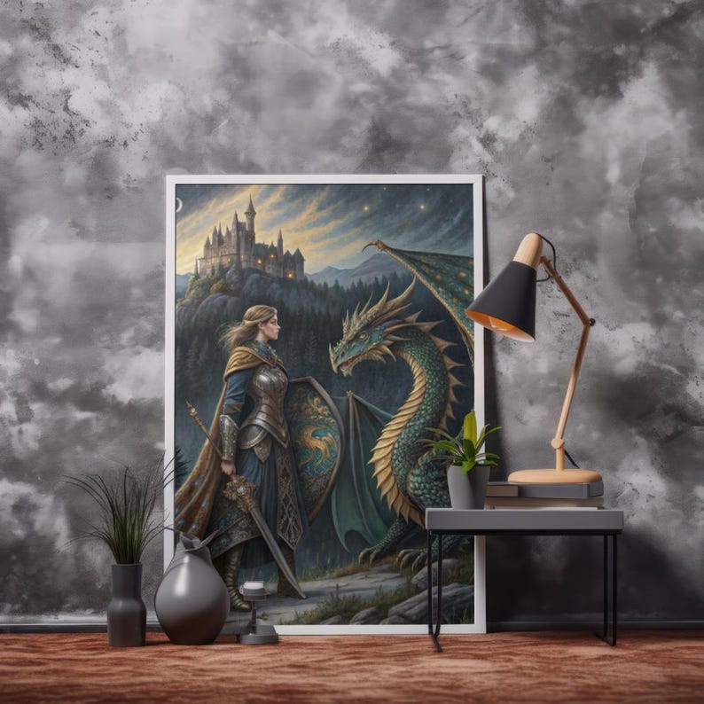 Printable Medieval Gothic Knight and Dragon Fantasy Wall Art Dark ...