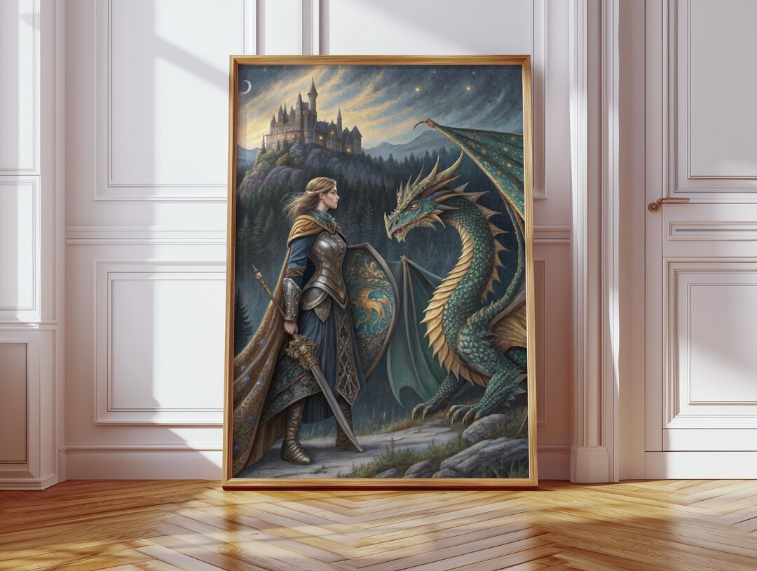 Printable Medieval Gothic Knight and Dragon Fantasy Wall Art - Dark ...