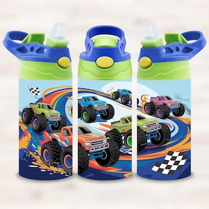 May include: Three blue and green water bottles with a monster truck racing design. The bottles have a blue lid with a yellow button and a green straw.