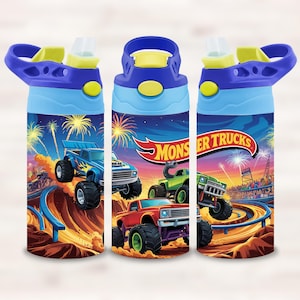 May include: Blue water bottle with a yellow lid and a Hot Wheels Monster Trucks design. The bottle features a blue, green, and red monster truck on a dirt track with fireworks in the background.