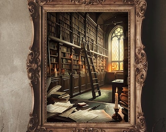 Dark Academia Library Art Print: Vintage Gothic Decor (Digital Download)