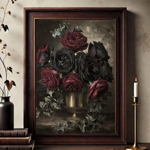 Printable Dark Moody Rose Oil Painting | Gothic Victorian Maximalist Art | Dark Academia Floral Print for Cottagecore Deco