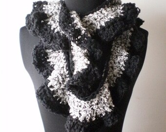 Ruffle Scarf Spring Scarf Black and White Summer Ruffle Scarf Spiral Scarf