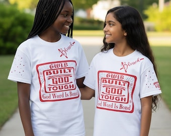 White T-Shirt Built God Tough Rhinestone Design, Faith Inspirational Tee