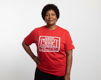 Red "Built God Tough" T-Shirt with Rhinestones, Faith Based Apparel, motivational tee