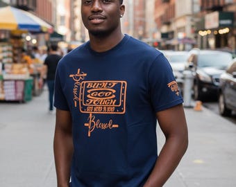 Navy Blue T-Shirt: Built God Tough, Blessed Graphic Tee, uplifting shirt, Christian apparel.