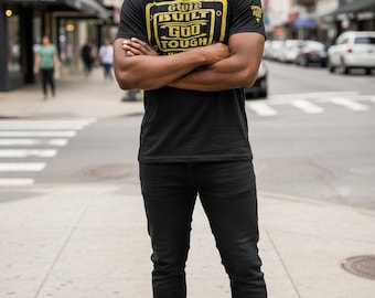 Built God Tough Black T Shirt, Gold Glitter Faith Apparel