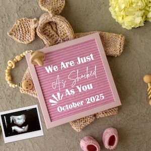 May include: A pink letter board with the text "We are just as shocked as you October 2025". A knitted baby outfit, a pacifier, and a baby rattle are arranged around the letter board.