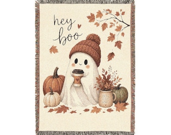 Hey Boo Ghost Woven Blanket, Fall Halloween Throw Blanket, Cute Ghost Pumpkin Tapestry, Autumn Home Decor Gift, Cozy Woven Throw