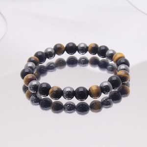 Triple Protection Bead Bracelet of Obsidian, Hematite & Tiger&#39;s Eye-Protective Powers, Chakra Balancing, Artisan Crafted, Stylish Accessory