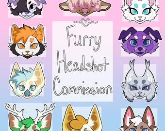 Puede incluir: Ilustración digital con nueve diseños de cabezas furry. Cada diseño tiene colores y expresiones únicas. El texto central dice "Furry Headshot Commission". El fondo es rosa y azul.