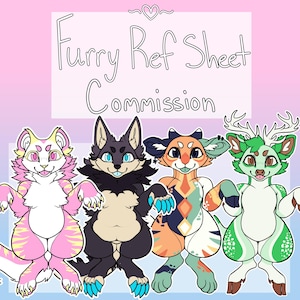Op de afbeelding: Een digitale illustratie van vier harige personages, een roze-witte kat, een zwart-witte wolf, een oranje-witte tijger en een groene hert. De personages staan in een rij en glimlachen. De tekst "Furry Ref Sheet Commission" staat bovenaan de afbeelding.