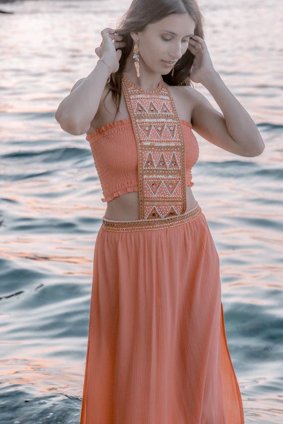 Zanzibar Dress in Sherbet - Goddess Dress - Hand Beaded - Bridesmaid - Luxury Resort - Eco Fashion - Peach