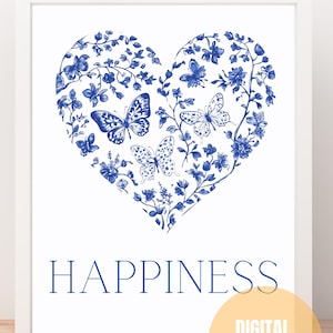 Blue Chinoiserie Butterfly Wall Art: Botanical Print (Digital Download)