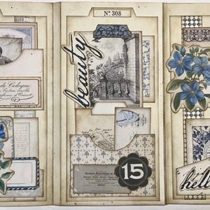 May include: A vintage-style scrapbook page with a beige background, featuring blue floral accents, old photographs, and the word "beauty" in cursive. Includes the text "90¢" and "hello".