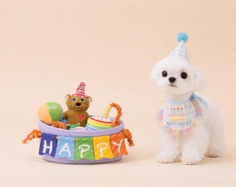 Cesto regalo di compleanno per cani: peluche, torta, orsacchiotto, striscione, cesto di corda (razze di piccola taglia)