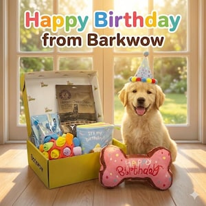 Op de afbeelding: Een golden retriever met een feesthoedje zit naast een gele geschenkdoos gevuld met hondenspeelgoed en traktaties. Een roze botvormig kussen met de tekst "Happy Birthday" staat voor de hond. De afbeelding bevat de tekst "Happy Birthday from Barkwow".