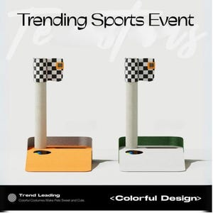 May include: Two cat scratching posts with a checkered flag design. The scratching posts are white with a grey scratching post and a base in orange and white. The text "Trending Sports Event" is at the top of the image. The text "Trend Leading" is at the bottom of the image with the text "Colorful Costumes Make Pets Sweet and Cute". The text "<Colorful Design>" is at the bottom right of the image.