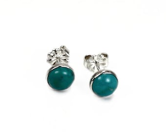 Turquoises ear studs, 6 mm button turquoise with sterling silver, gift for her. #BO128