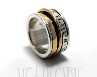 Spinner ring 13mm; two 10k yellow gold spinners and one 3mm wide silver spinner, personalize with text or coordinates. #JC218