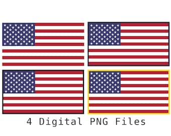 Può includere: Quattro file PNG digitali raffiguranti la bandiera americana. Ogni bandiera ha un cantone blu con stelle bianche e strisce rosse e bianche. Una bandiera ha un bordo giallo. Il testo "4 Digital PNG Files" è sotto le bandiere.