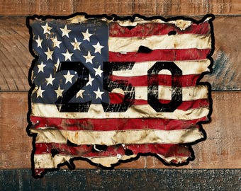 May include: A rectangular wall sign featuring a distressed American flag design with a weathered, tattered appearance. The flag displays the number 250 in large, bold, black sans-serif font centred across the red and white stripes and blue field.