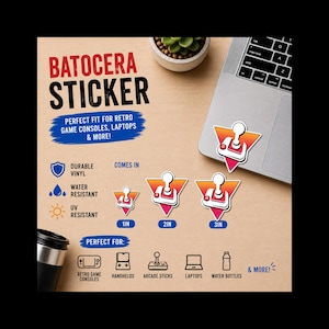 Puede incluir: Una pegatina Batocera con un gráfico de joystick blanco y rojo sobre un fondo triangular con degradado de naranja a rosa. La pegatina se muestra en tamaños de 2,5 cm, 5 cm y 7,6 cm. El texto incluye Batocera Sticker, Durable Vinyl, Water Resistant y UV Resistant.