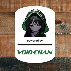 May include: A rectangular sticker featuring an anime-style character with black hair and green eyes wearing a black and green hoodie with the text 'sudo' and 'xbps'. Below the character is the text 'powered by' and 'VOID-CHAN' in green.