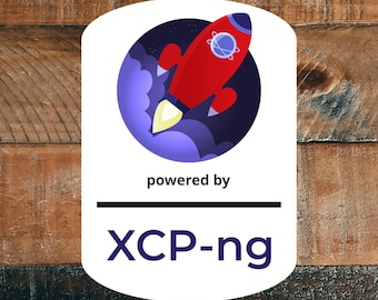 May include: A white rectangular sticker with rounded corners featuring a circular graphic of a red rocket launching into a dark blue space background with purple smoke. Below the graphic, the text reads powered by XCP-ng in black letters.