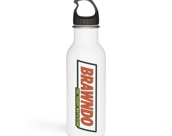 May include: A white water bottle with a black carabiner lid. The front features a rectangular green border containing the orange text BRAWNDO and the yellow text THE THIRST MUTILATOR. The bottle has a smooth finish and a narrow neck design.